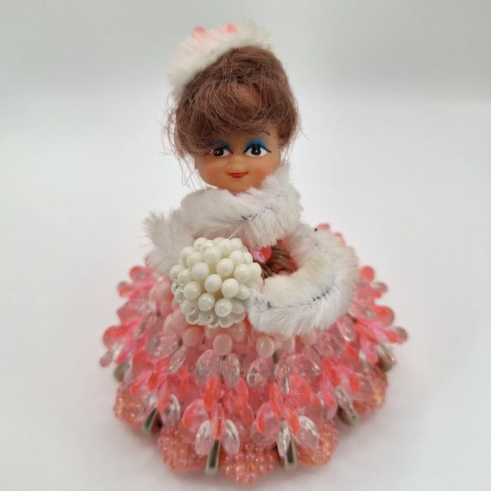 Safety Pin & Bead Handmade Doll Girl Figure Pink Dress Poof‎ Shawl Brunette Updo